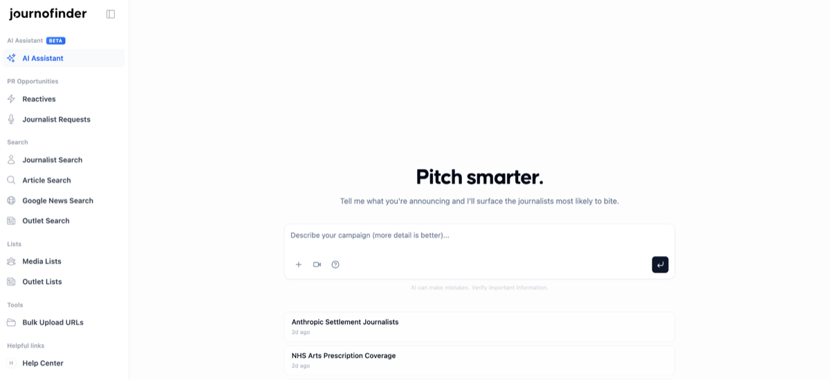 The JournoFinder AI Assistant in the app, asking what you are announcing so it can surface the journalists most likely to bite.