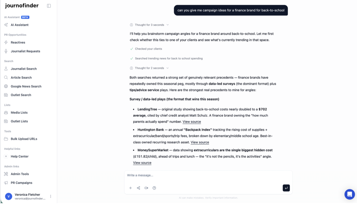 The JournoFinder Assistant answering a request for finance brand back-to-school campaign ideas, citing real precedents from LendingTree, Huntington Bank and MoneySuperMarket with source links.