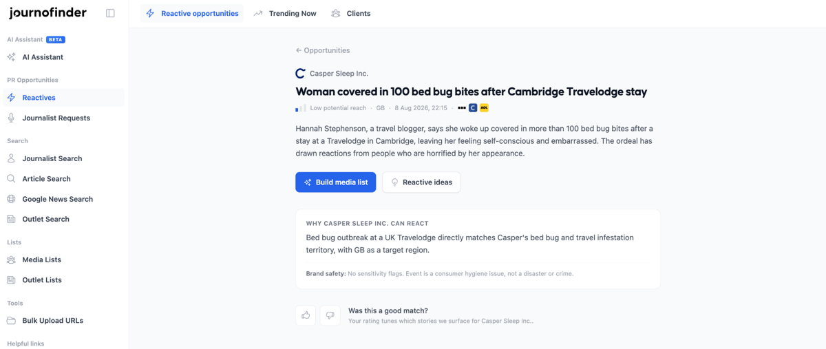 A reactive opportunity in JournoFinder: a breaking story matched to a client, with the reasoning for the match, a brand safety note, and buttons to build a media list or generate reactive ideas.